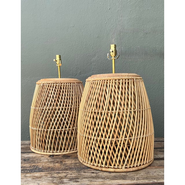 Vintage Woven Rattan Lamps - A Pair For Sale - Image 9 of 12