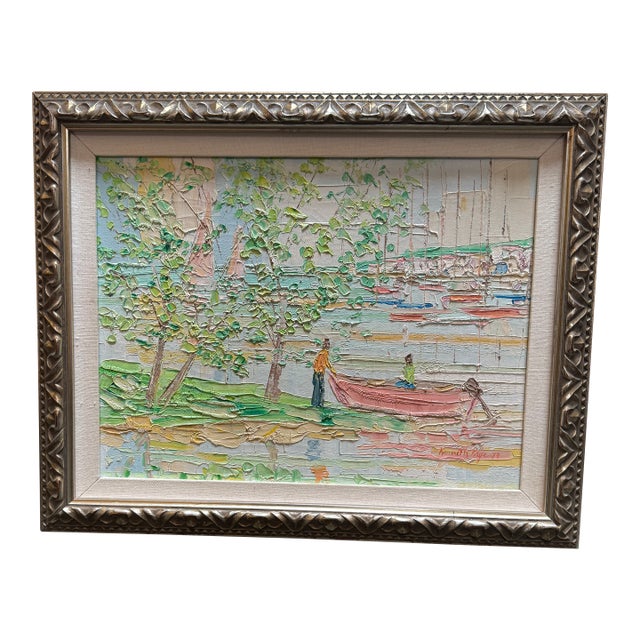 Kenneth Kaye Pastel Boaters Palette Knife Painting, Signed For Sale