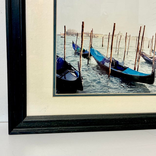 1980s Vintage Italian Coastal Venus Blue Gondola at Dock Framed Photography. For Sale - Image 6 of 13