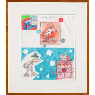 Dick Wray Blue, Orange, and Green Abstract Geometric Figurative Collage, 1981 For Sale