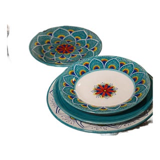 Intreccio Teal 4-Piece Place Setting | Hand-Painted Italian Dinnerware From Deruta For Sale