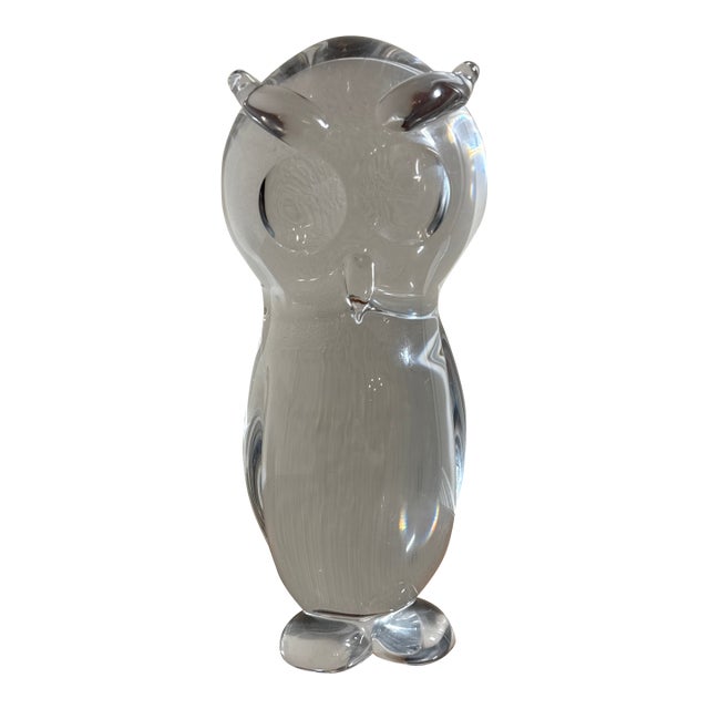 Vintage Clear Art Glass Owl Figurine Paperweight For Sale