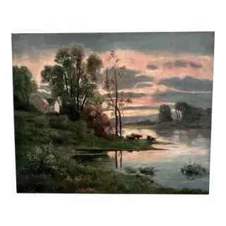Vintage Tonalist Riverside Landscape Oil Painting on Canvas For Sale