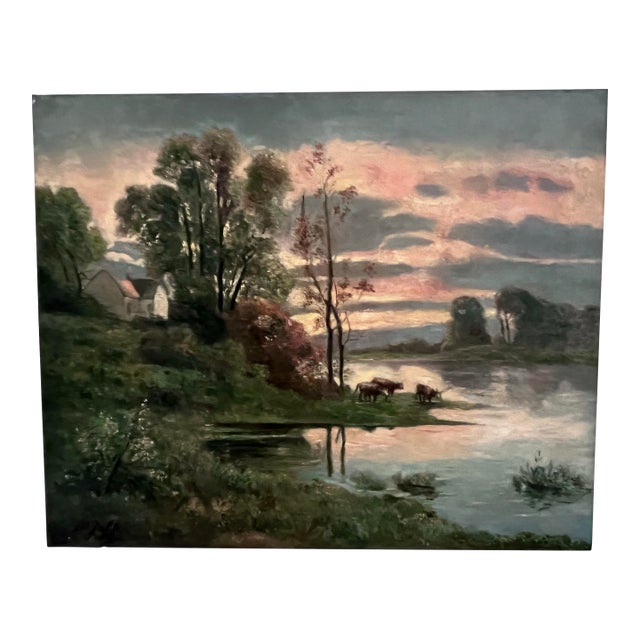 Vintage Tonalist Riverside Landscape Oil Painting on Canvas For Sale