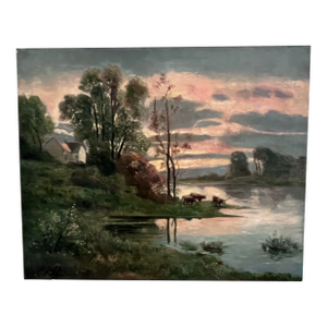 Vintage Tonalist Riverside Landscape Oil Painting on Canvas