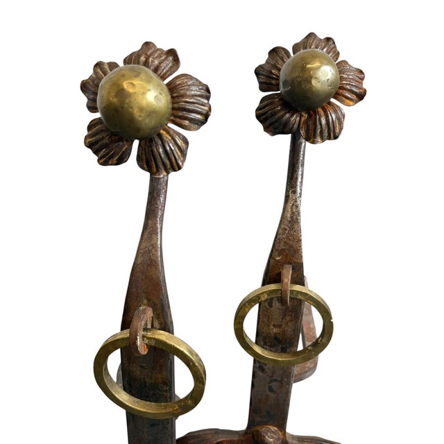 Vintage iron mixed metal fireplace andirons. A very unique set to add to your fireplace. Hand hammered and iron Ring &...