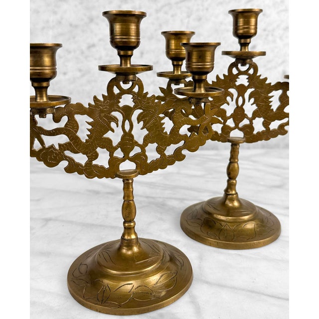 Vintage Chinese Chinoiserie Brass Dragon Candlestick Candelabra - A Pair For Sale - Image 6 of 9