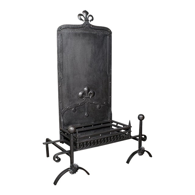 Antique Open Hearth Fireplace, English, Fire Basket, Andirons, Victorian, C.1900 For Sale