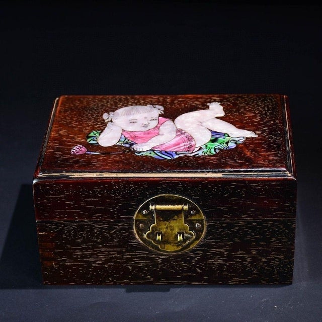 Chinoiserie Vintage Rosewood Box With Mother-of-Pearl Inlay of a Boy With Lotus - Jewelry Box For Sale - Image 3 of 8