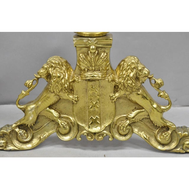 Mid 20th Century French Empire Renaissance Brass Lion Coat of Arms Cannonball Andirons - A Pair For Sale - Image 11 of 14