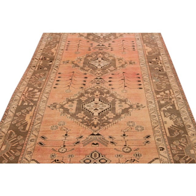 Persian Vintage Distressed Medallion Peach Wool Runner For Sale - Image 3 of 9