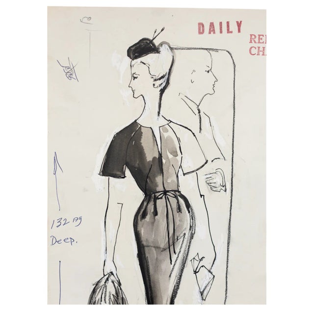1960 Mid-Century Fashion Advertising Sketch — Original Graphite & Ink Illustration For Sale - Image 4 of 7
