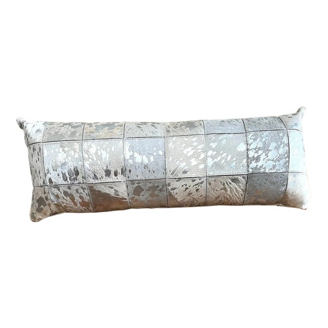 Rare 30” Long Silver and White Luxury Cowhide Pillow For Sale