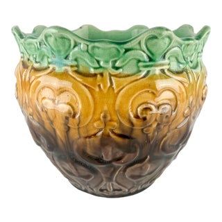 Stunning Large Antique Art Nouveau Pottery Jardiniere Blended Majolica Hearts For Sale