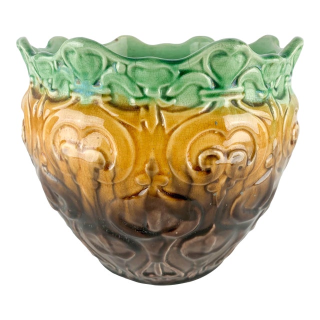 Stunning Large Antique Art Nouveau Pottery Jardiniere Blended Majolica Hearts For Sale