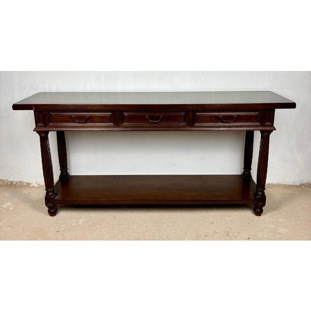 Large Spanish Walnut Rustic Console with Three Drawers and Lower Shelf, 1930s For Sale - Image 4 of 15