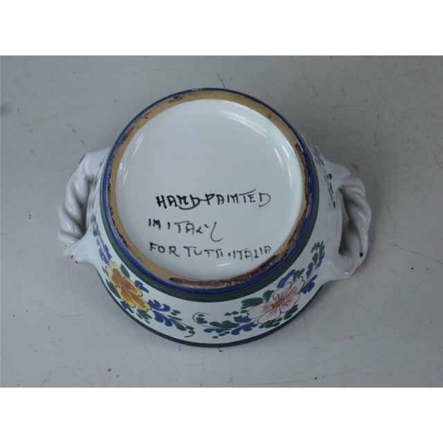 Late 20th Century Jelly / Jam Pot Italy, Hand Painted Art Pottery, Slotted Lid for Spoon & Handles For Sale - Image 12 of 12