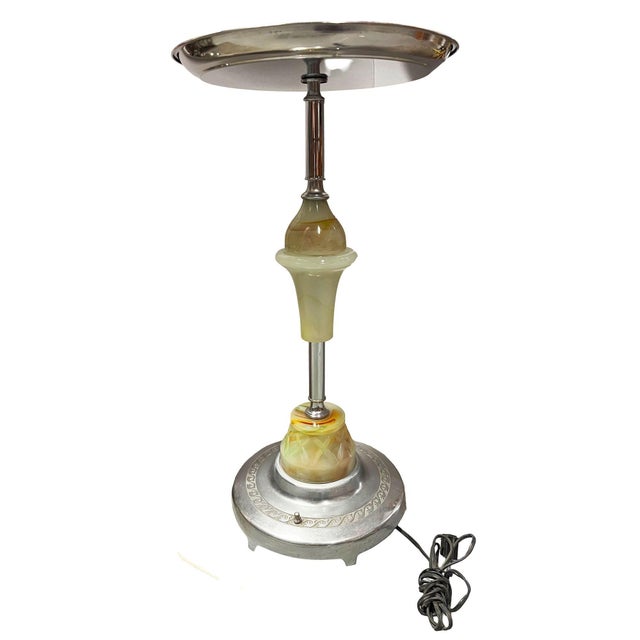 Art Deco chrome round chrome top side drinks table featuring a light-up art glass center with an additional light-up art...