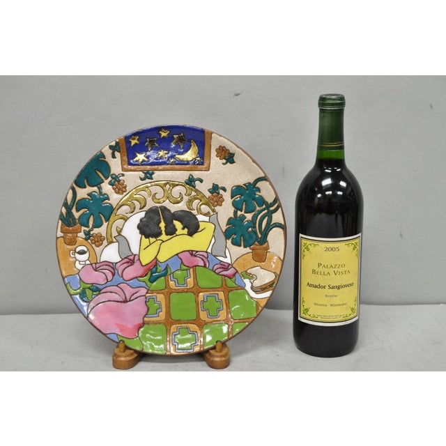 Vintage Judy Miller 10" Art Pottery Decorative Ceramic Plate, "Lovers in Bed". Circa Late 20th Century. Measurements: 0.5"...