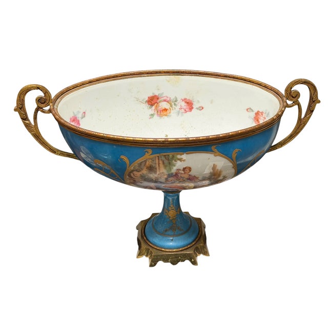 Sevres Style Porcelain Centerpiece Bowl With Gilt Bronze Mounts & Original Copper Liner.