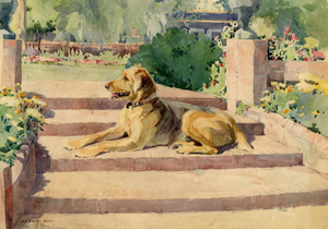 Nancy Jane Burton RWS, Terrier Dog on Garden Steps, 1920s, Watercolor