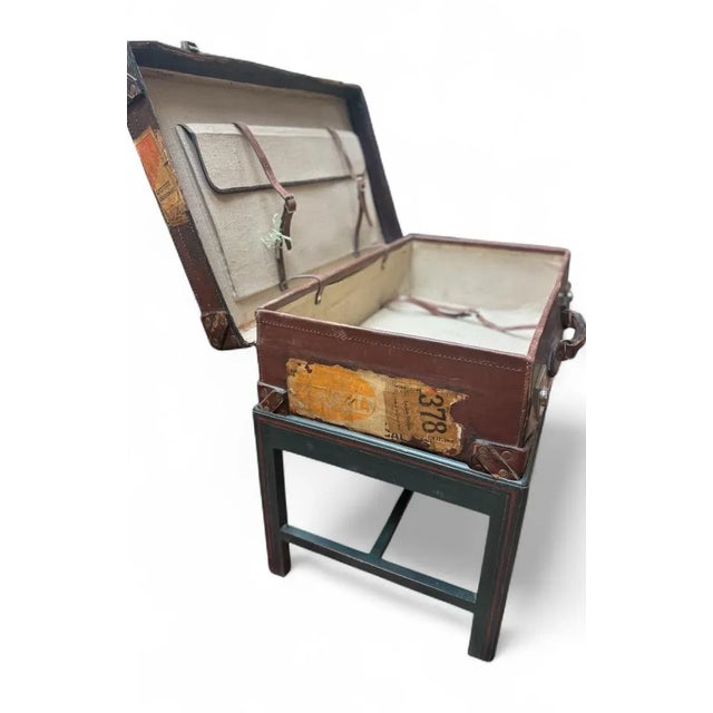 Vintage Leather Suitcase on Custom Stand — Early 20th Century Travel Trunk Table For Sale - Image 4 of 10