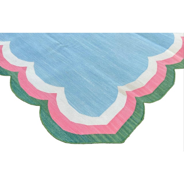 Not Yet Made - Made To Order Handmade Cotton Area Scalloped Rug Sky Blue, Cream, Pink and Forest Green Border Dhurrie - 10'x14' For Sale - Image 5 of 11