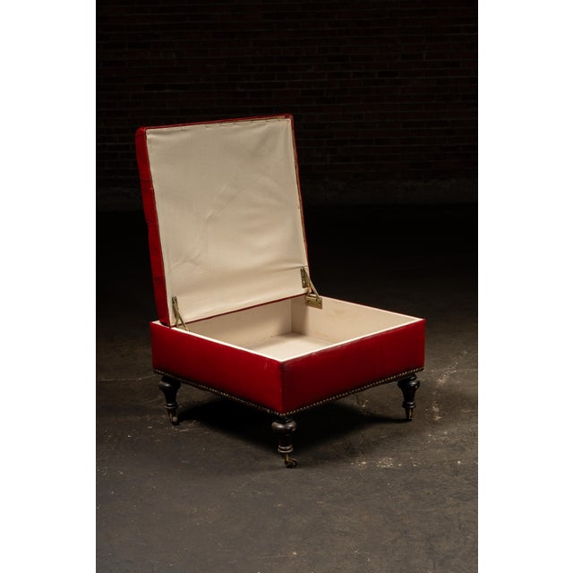 Late 20th Century Vintage Tufted Leather Rolling Ottoman Trunk in Red For Sale - Image 5 of 10