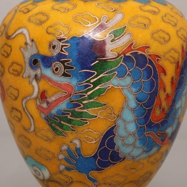 Yellow Pair of Vintage Cloisonne Enamel Vases – 6.1" Yellow Ground Dragon & Phoenix Vases For Sale - Image 8 of 9