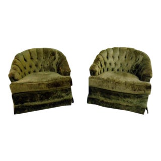 1960's Green Tufted Velvet Barrel Back Club Chairs For Sale