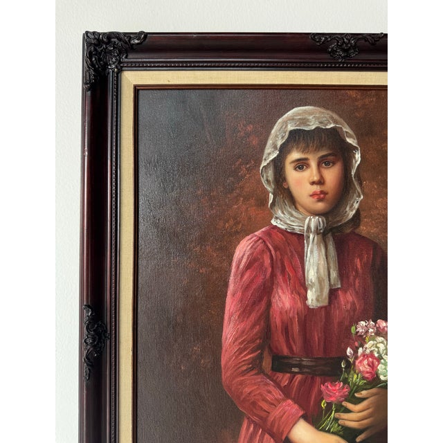 Vintage Painting of Woman With Flowers – Oil on Canvas, Signed For Sale - Image 4 of 12