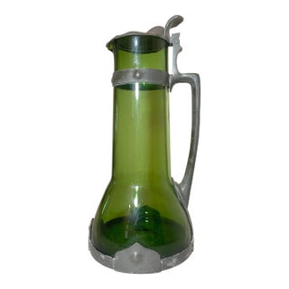 Large Antique 1800's German Arts and Crafts Pewter Green Glass Tankard Pitcher For Sale