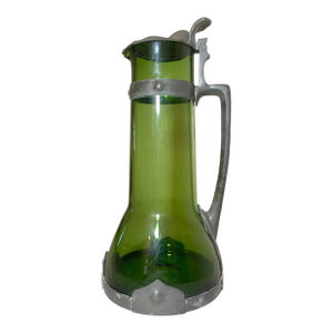Large Antique 1800's German Arts and Crafts Pewter Green Glass Tankard Pitcher