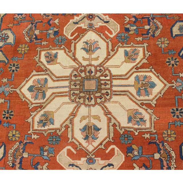Antique Persian Serapi Rug in Geometric Medallion Design With Orange & Blue 8'2 X 11'3 For Sale - Image 10 of 16