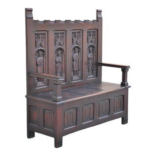 Antique Belgian Renaissance Revival Oak Storage Hall Bench W/ Religious Figures For Sale