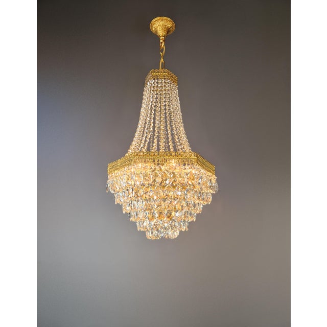 1950s Pair of1950s Brass Empire Sac a Pearl Chandelier Crystal Lustre For Sale - Image 5 of 12