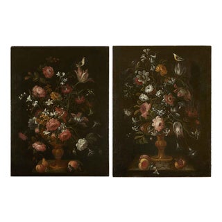 Still Lifes of Flowers, 1800s, Oil Painting on Canvas, Set of 2 For Sale