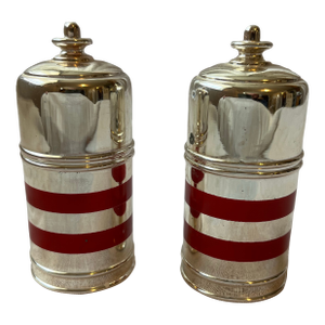 Red Striped Silver Plate Salt and Pepper Shakers a Pair