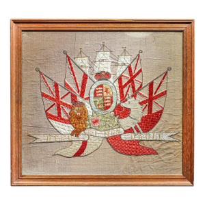 19th Century England Antique Hand-Embroidered Royal Naval Crest Gilt Thread Silk Framed