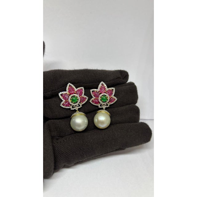 Modern Natural Ruby, Emerald, Pearl, & Diamond Earring in 14k Gold For Sale - Image 3 of 8