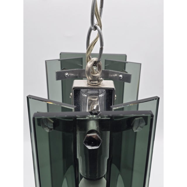 Forest Green Pendant Light in Thick Green-Grey Glass and Chromed Metal in the style of Fontana Arte, 1970 For Sale - Image 8 of 14