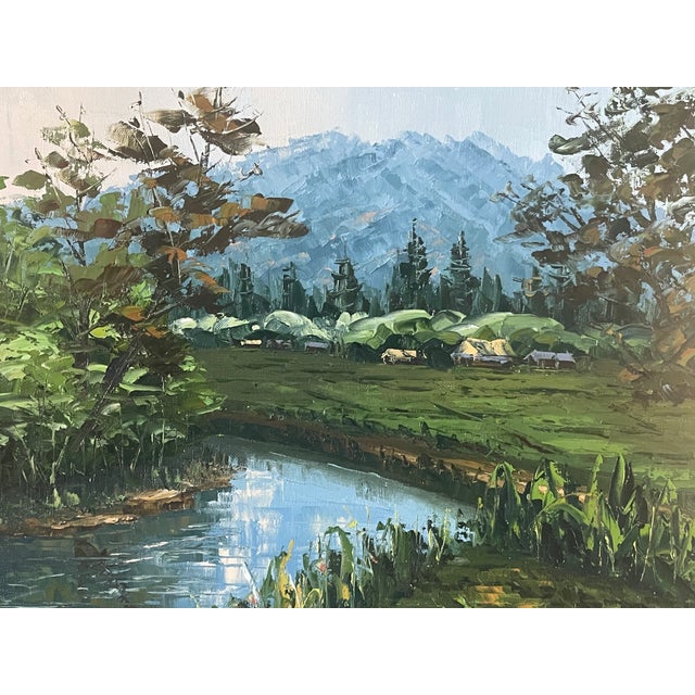 This beautiful landscape is composed of bright greens, yellows and blue creating an eye catching scene. Painted in an...
