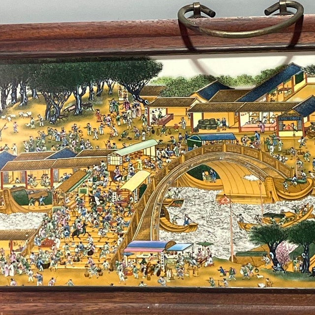 Chinese Porcelain Plaque "Along the River During the Qingming Festival" in Wood Frame For Sale - Image 4 of 9