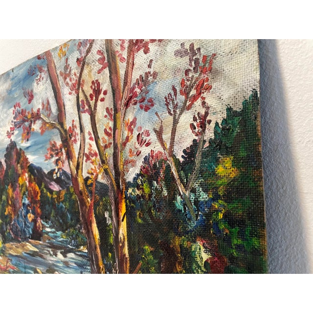 Mid-Century Colorful Sunset Forest and River Landscape , Acrylic on Fiberboard Painting For Sale - Image 4 of 7