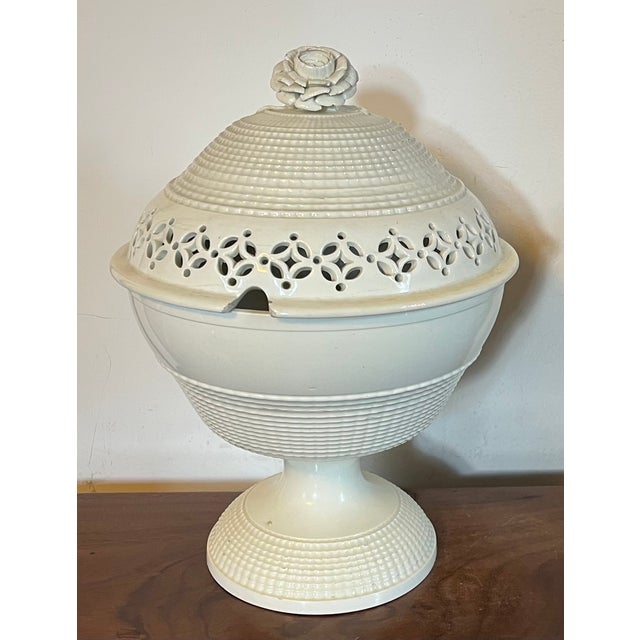 Antique 18th century George III creamware covered footed bowl, compote or centerpiece with flower finial and pierced...