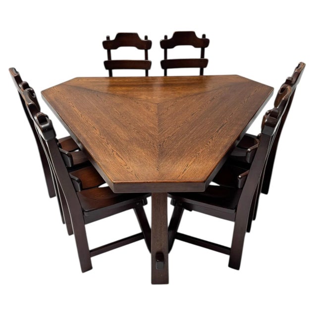 Brutalist Oak Dining Room Table and Chairs, 1970s, Set of 7 For Sale - Image 6 of 11