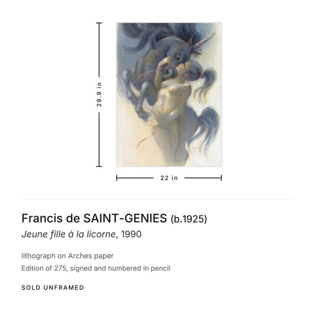 Contemporary 1990 Francis De Saint-Genies Jeune Fille À La Licorne Signed Lithograph For Sale - Image 3 of 3