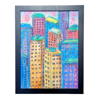 Original Cityscape Skyline Oil Pastel Art Framed For Sale