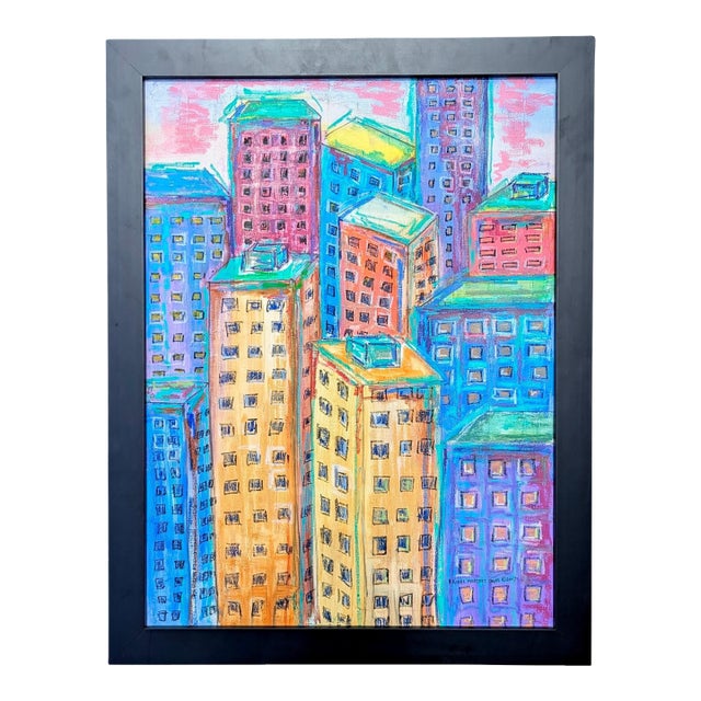 Original Cityscape Skyline Oil Pastel Art Framed For Sale