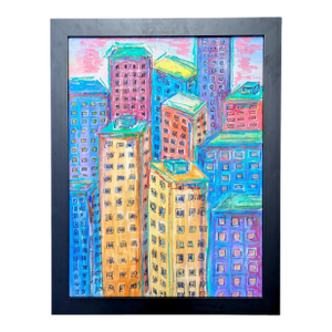 Original Cityscape Skyline Oil Pastel Art Framed